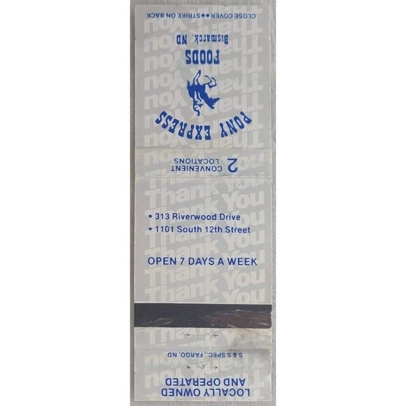Vintage Matchbook Cover Pony Express Foods Bismarck ND North Dakota Silver Blue - Picture 2 of 4